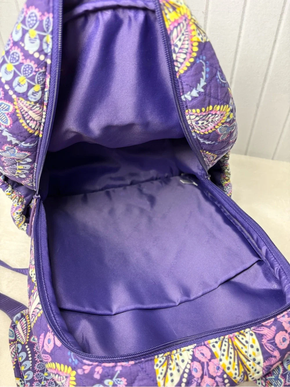Vera Bradley Purple Floral Paisley Quilted Backpack Pink & Yellow Accents travel